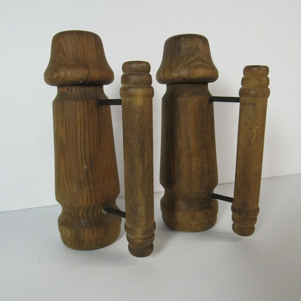 Vintage Large Wooden & Metal Salt & Pepper Shakers with handles VTG with plugs